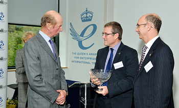 The Duke of Kent presents the Queen's Awards for International Trade to the University of Huddersfield's Professor Dave Taylor and Professor Chris Cowton.