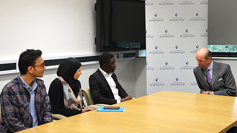 University of Huddersfield international students who met The Duke of Kent, Vijay Bhutada, Samar Mansour and Michael Agolom.