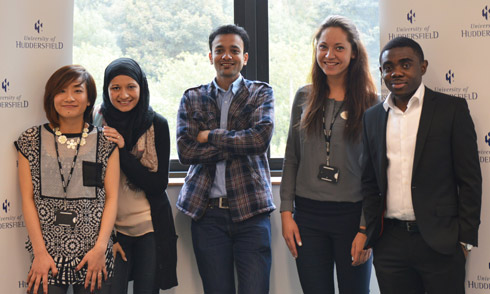 University of Huddersfield international students who met The Duke of Kent, Mai Dam, Samar Mansour, Vijay Bhutada, Solamita Sabaliauskaite and Michael Agolom.